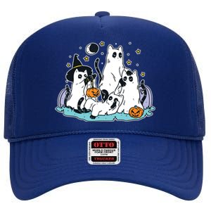 Black Cats In Ghost Costume Cute Women And Halloween High Crown Mesh Back Trucker Hat