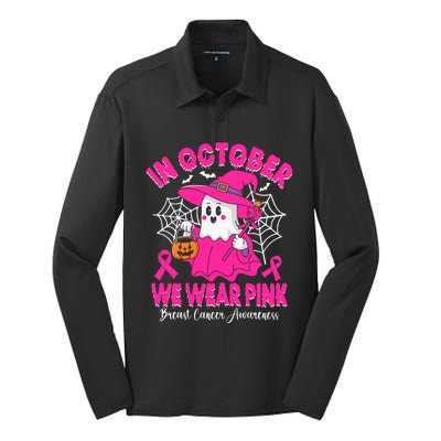 Breast Cancer In October We Wear Halloween Silk Touch Performance Long Sleeve Polo