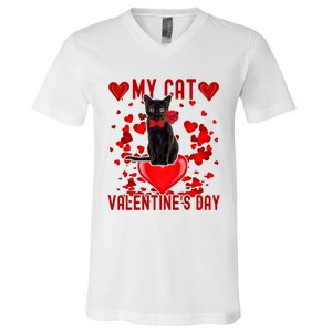 Black Cat Is My Valentine Red Hearts Valentines Day Couples V-Neck T-Shirt