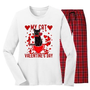 Black Cat Is My Valentine Red Hearts Valentines Day Couples Women's Long Sleeve Flannel Pajama Set 