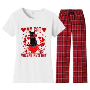 Black Cat Is My Valentine Red Hearts Valentines Day Couples Women's Flannel Pajama Set