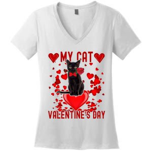 Black Cat Is My Valentine Red Hearts Valentines Day Couples Women's V-Neck T-Shirt