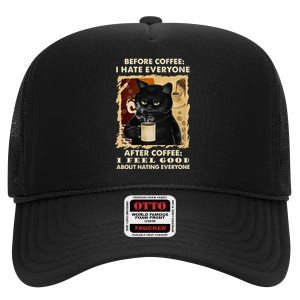 Before Coffee I Hate Everyone After Coffee Black Cat Drink High Crown Mesh Back Trucker Hat