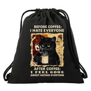 Before Coffee I Hate Everyone After Coffee Black Cat Drink Drawstring Bag