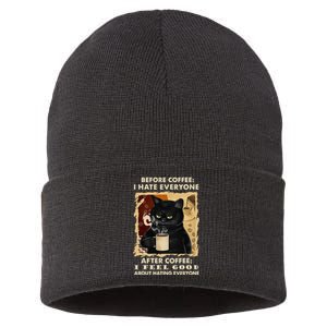 Before Coffee I Hate Everyone After Coffee Black Cat Drink Sustainable Knit Beanie