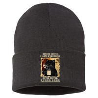 Before Coffee I Hate Everyone After Coffee Black Cat Drink Sustainable Knit Beanie