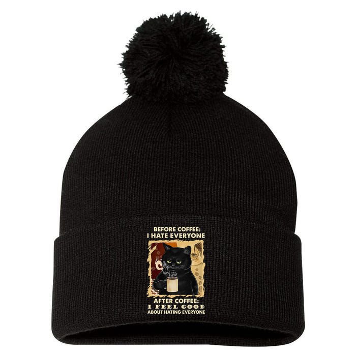 Before Coffee I Hate Everyone After Coffee Black Cat Drink Pom Pom 12in Knit Beanie