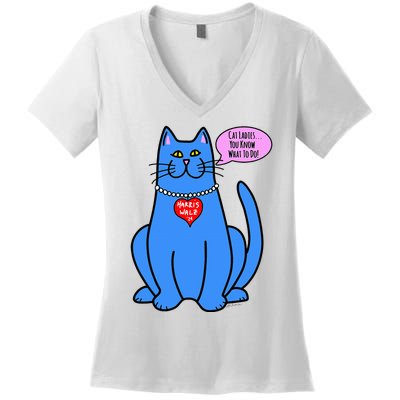 Blue Cat In Pearls Harris Walz 24 Women's V-Neck T-Shirt