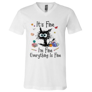 Black Cat Its Fine Im Fine Everything Is Fine Teacher Xmas V-Neck T-Shirt