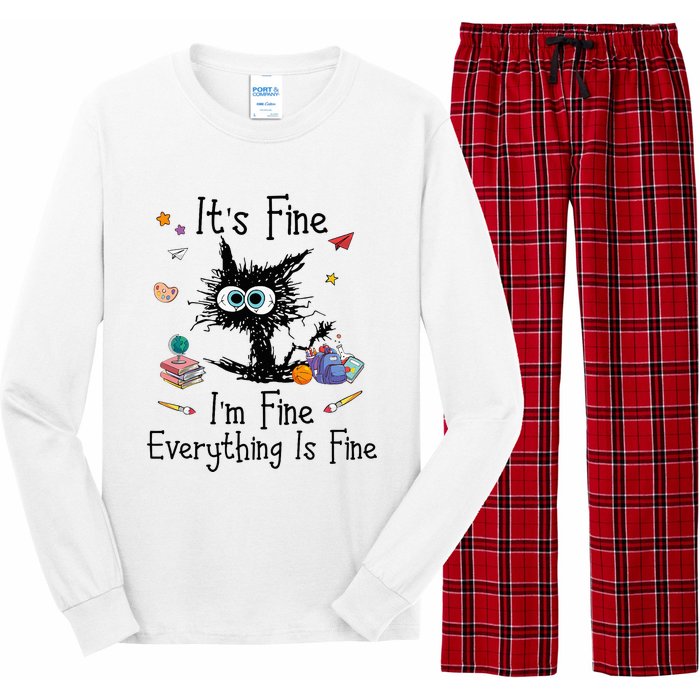 Black Cat Its Fine Im Fine Everything Is Fine Teacher Xmas Long Sleeve Pajama Set