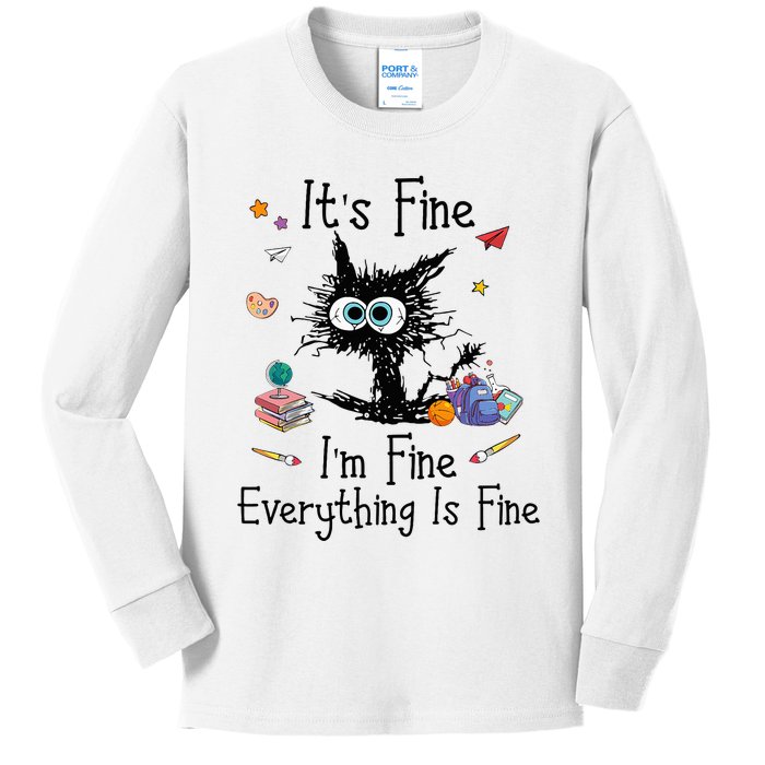 Black Cat Its Fine Im Fine Everything Is Fine Teacher Xmas Kids Long Sleeve Shirt