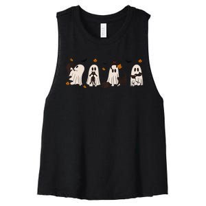 Black Cats In Cute Ghost Cat Halloween Gift Women's Racerback Cropped Tank