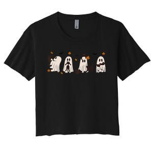 Black Cats In Cute Ghost Cat Halloween Gift Women's Crop Top Tee