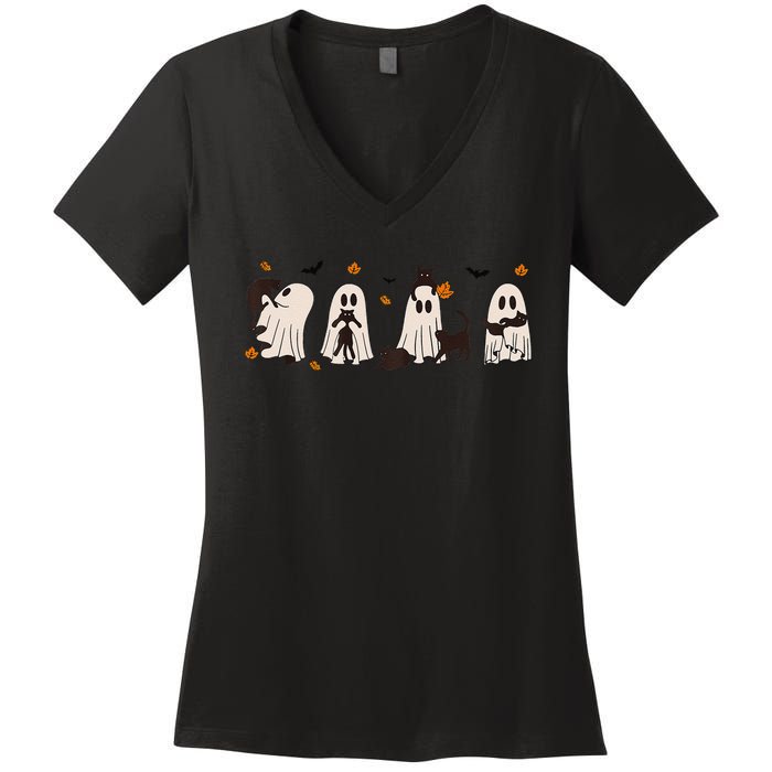 Black Cats In Cute Ghost Cat Halloween Gift Women's V-Neck T-Shirt