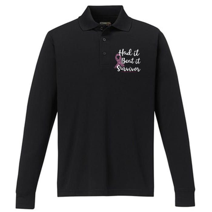 Breast Cancer I Had It I Beat It Survivor Ribbon Performance Long Sleeve Polo