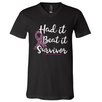 Breast Cancer I Had It I Beat It Survivor Ribbon V-Neck T-Shirt