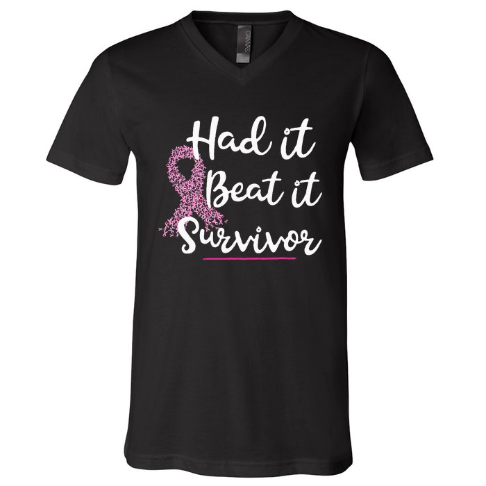 Breast Cancer I Had It I Beat It Survivor Ribbon V-Neck T-Shirt