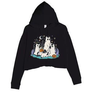 Black Cats In Ghost Costume Cute And Halloween Crop Fleece Hoodie