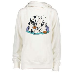 Black Cats In Ghost Costume Cute And Halloween Womens Funnel Neck Pullover Hood