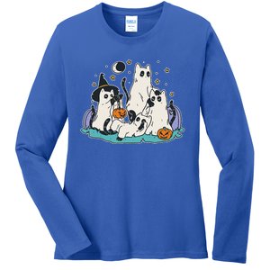 Black Cats In Ghost Costume Cute And Halloween Ladies Long Sleeve Shirt