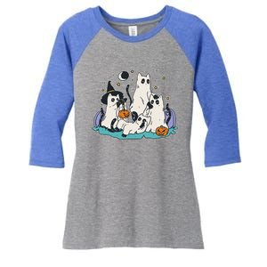 Black Cats In Ghost Costume Cute And Halloween Women's Tri-Blend 3/4-Sleeve Raglan Shirt