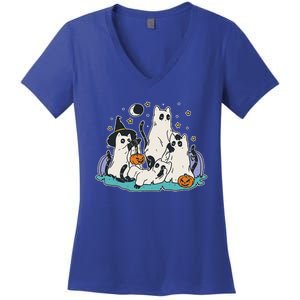 Black Cats In Ghost Costume Cute And Halloween Women's V-Neck T-Shirt