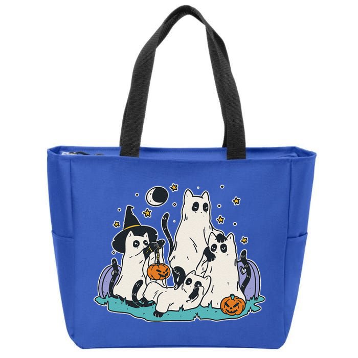 Black Cats In Ghost Costume Cute And Halloween Zip Tote Bag