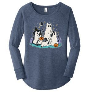 Black Cats In Ghost Costume Cute And Halloween Women's Perfect Tri Tunic Long Sleeve Shirt