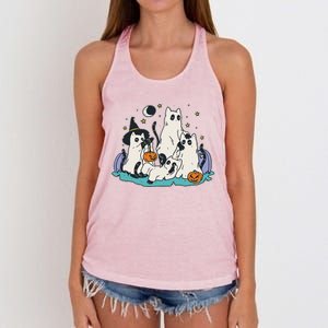 Black Cats In Ghost Costume Cute And Halloween Women's Knotted Racerback Tank