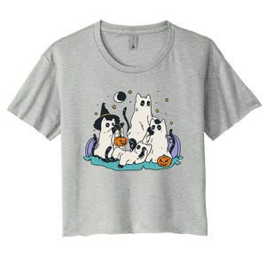 Black Cats In Ghost Costume Cute And Halloween Women's Crop Top Tee