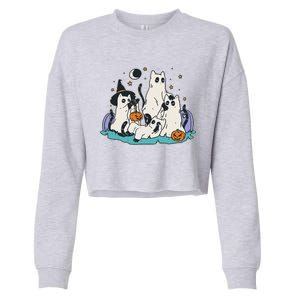 Black Cats In Ghost Costume Cute And Halloween Cropped Pullover Crew