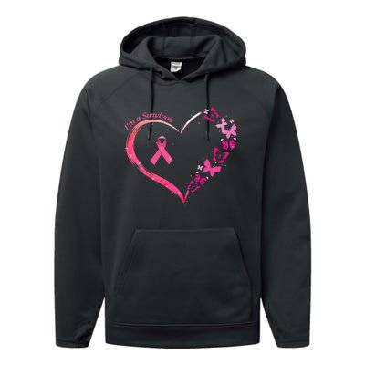 Breast Cancer Im A Survivor Pink Butterfly Heart Awareness Performance Fleece Hoodie