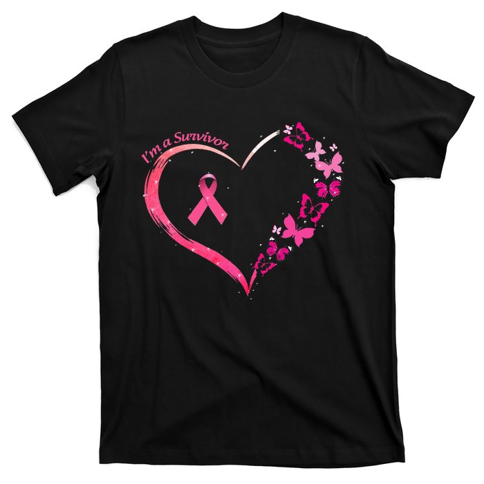 Breast Cancer Im A Survivor Pink Butterfly Heart Awareness T-Shirt