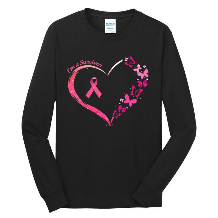 Breast Cancer Im A Survivor Pink Butterfly Heart Awareness Tall Long Sleeve T-Shirt