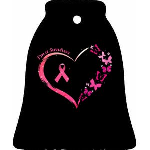 Breast Cancer Im A Survivor Pink Butterfly Heart Awareness Ceramic Bell Ornament