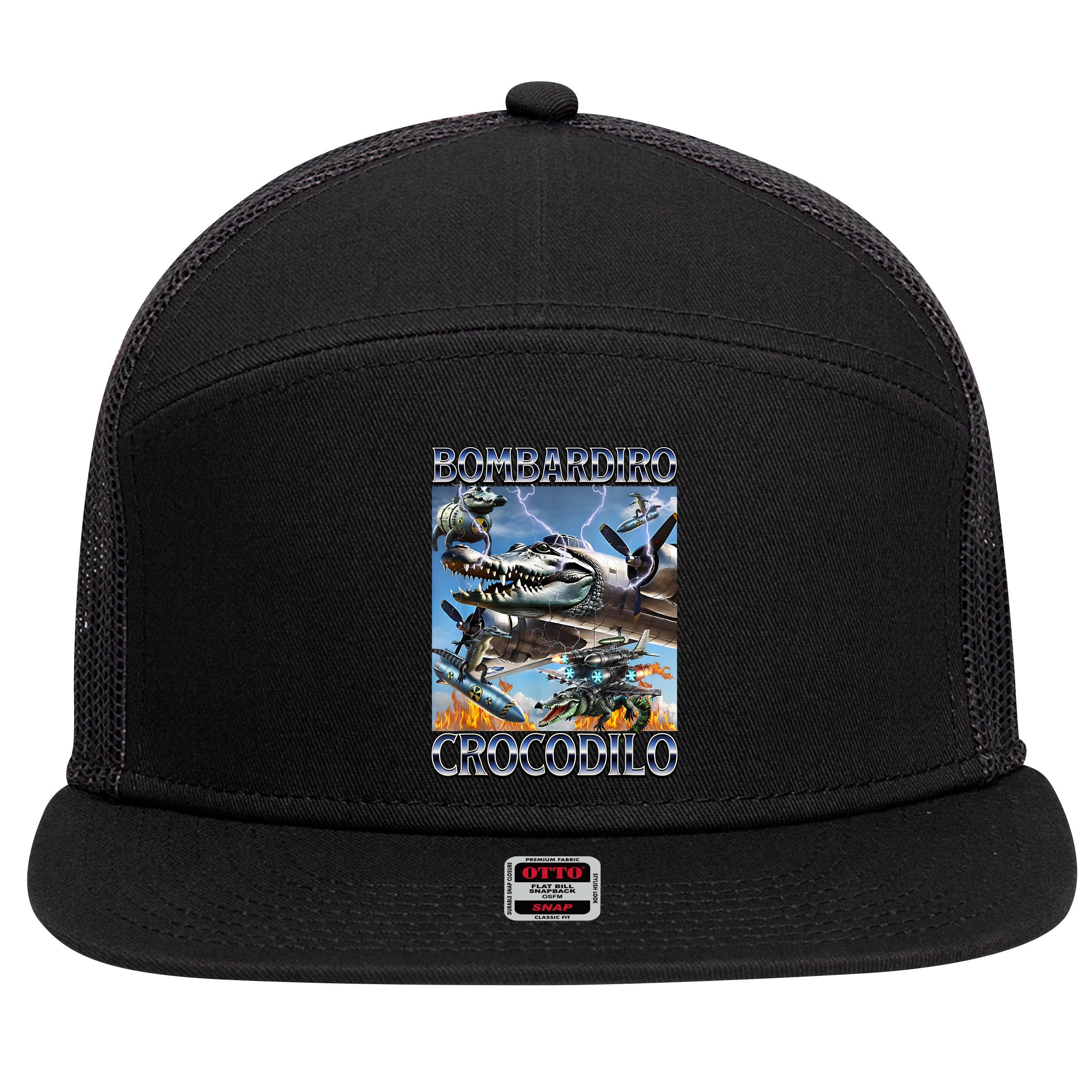 Bombardiro Crocodilo - Italian Brainrot Meme 7 Panel Mesh Trucker Snapback Hat