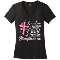 Breast Cancer I Can Do All Things Through Christ Women's V-Neck T-Shirt