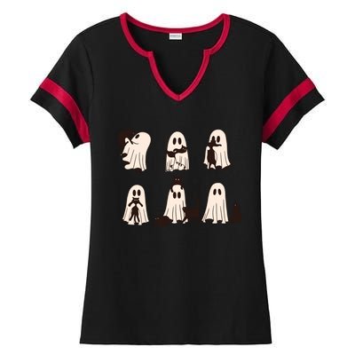 Black Cats In Ghost Costume Cute Ghost Cat Halloween Ladies Halftime Notch Neck Tee