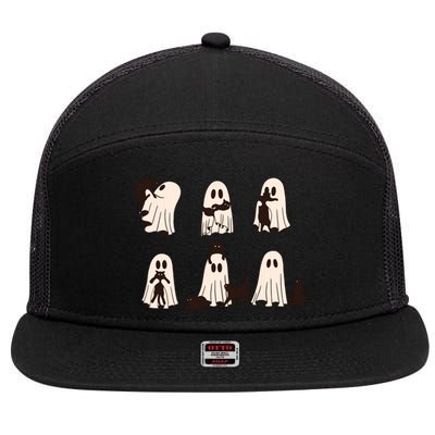 Black Cats In Ghost Costume Cute Ghost Cat Halloween 7 Panel Mesh Trucker Snapback Hat