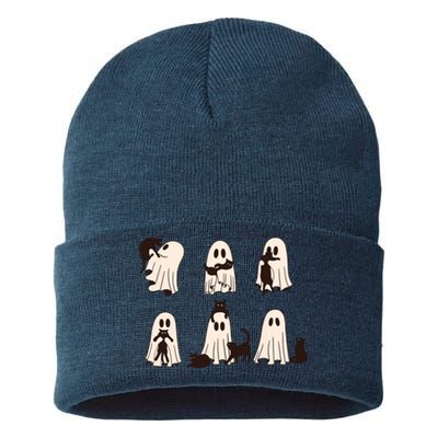 Black Cats In Ghost Costume Cute Ghost Cat Halloween Sustainable Knit Beanie