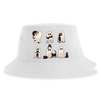 Black Cats In Ghost Costume Cute Ghost Cat Halloween Sustainable Bucket Hat