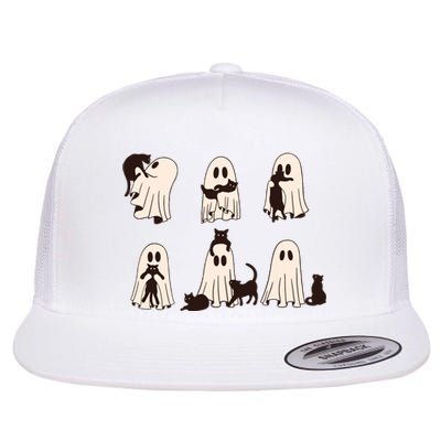 Black Cats In Ghost Costume Cute Ghost Cat Halloween Flat Bill Trucker Hat