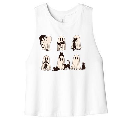 Black Cats In Ghost Costume Cute Ghost Cat Halloween Women's Racerback Cropped Tank