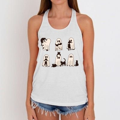 Black Cats In Ghost Costume Cute Ghost Cat Halloween Women's Knotted Racerback Tank