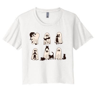 Black Cats In Ghost Costume Cute Ghost Cat Halloween Women's Crop Top Tee