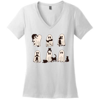 Black Cats In Ghost Costume Cute Ghost Cat Halloween Women's V-Neck T-Shirt