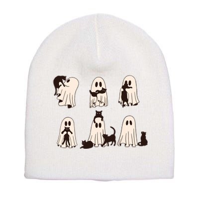 Black Cats In Ghost Costume Cute Ghost Cat Halloween Short Acrylic Beanie