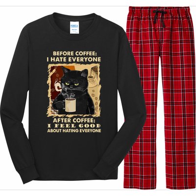 Before Coffee I Hate Everyone After Coffee Black Cat Drink Long Sleeve Pajama Set