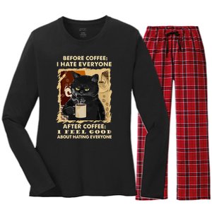 Before Coffee I Hate Everyone After Coffee Black Cat Drink Women's Long Sleeve Flannel Pajama Set 