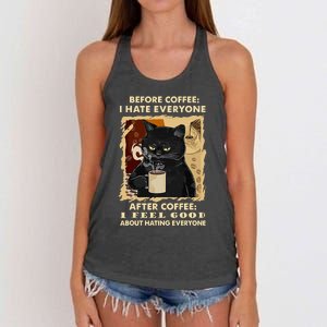 Before Coffee I Hate Everyone After Coffee Black Cat Drink Women's Knotted Racerback Tank